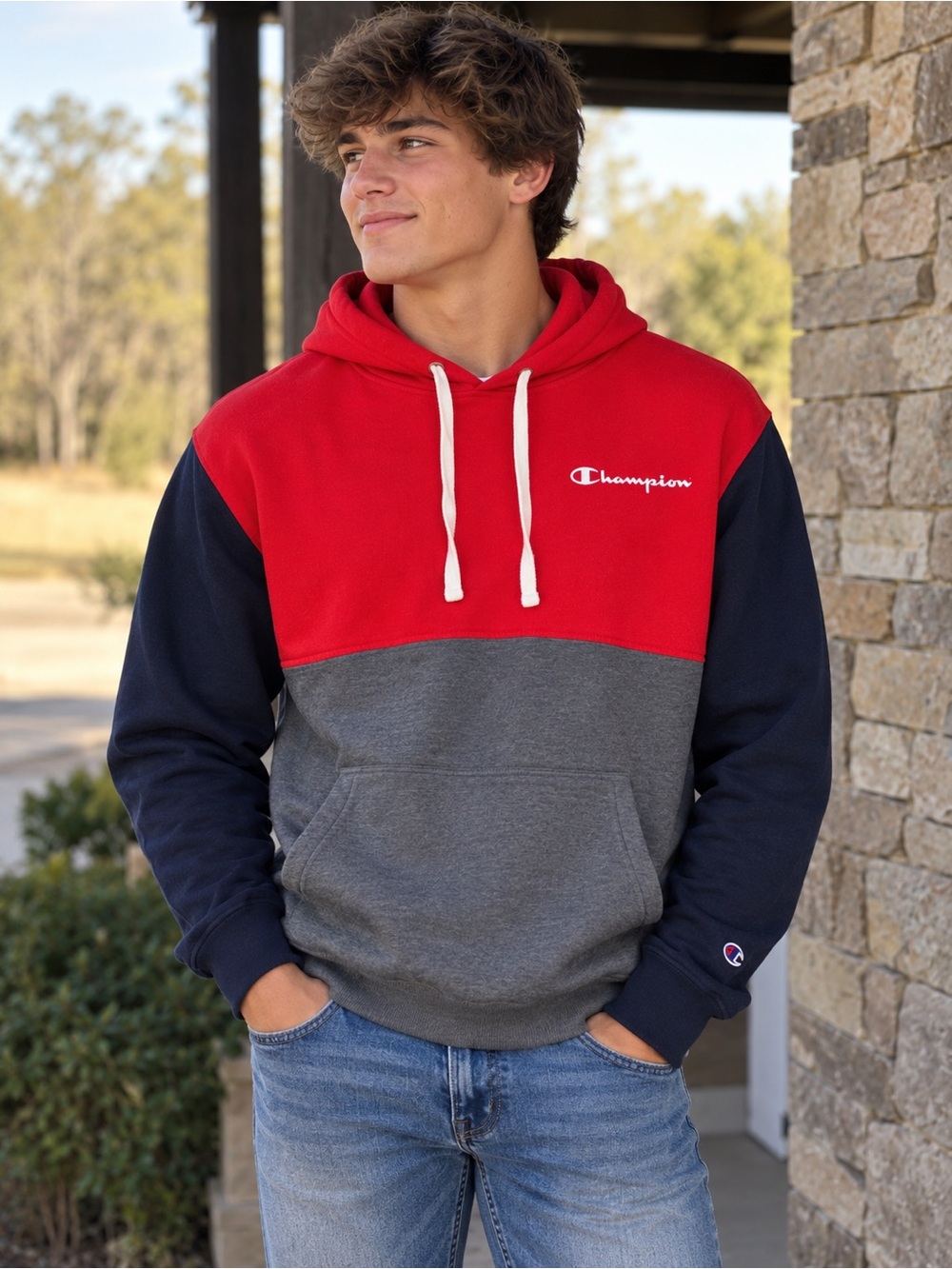 Champion Red, Gray & Navy Colorblock Hoodie